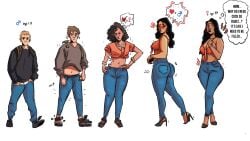 age_progression ass_expansion black_hair breast_expansion breast_growth brown_skin clothing_transformation curly_hair denim gender_transformation genderswap_(mtf) high_heels hobbes1 jeans latina latina_milf latinaification mature_female million race_swap sexuality_change thinking_about_sex transformation weight_gain wide_hips