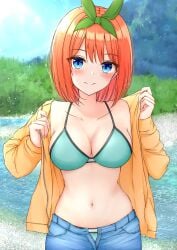 1girls bare_belly bare_chest bare_hands bare_hips bare_midriff bare_navel bare_shoulders bare_skin belly belly_button bikini bikini_top blue_eyes blue_eyes_female blue_sky blush blush_face blushing_at_viewer blushing_female blushing_lines breasts busty busty_female busty_girl busty_teen cleavage closed_mouth_smile clouds coat collarbone curvaceous curvaceous_body curvaceous_female curvaceous_figure curvaceous_hips curvaceous_teen curvy curvy_body curvy_female curvy_figure curvy_hips curvy_teen day exposed_belly exposed_chest exposed_hips exposed_midriff exposed_navel exposed_shoulders exposed_skin eyebrows_visible_through_hair female female_focus female_only fingernails fingers go-toubun_no_hanayome green_hair_ribbon green_hairband green_ribbons hair_ribbon hairband halterneck high_resolution high_school_student highres hourglass_figure jacket jeans lean_figure looking_at_viewer medium_breasts medium_hair midriff nakano_yotsuba narrow_waist navel open_coat open_jacket orange_eyebrows orange_hair orange_hair_female outdoor outdoors outside ribbon school_girl shoulders sky slender_body slender_waist slim_waist smile smiley_face smiling smiling_at_viewer smirk solo standing string_bikini swimsuit swimwear teen_girl teenage_girl teenage_tits teenager upper_body wide_hips yellow_coat yellow_jacket young_female young_woman yukiunag1