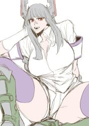 big_breasts boots breasts clothed clothes clothing coat decepticon genderswap_(mtf) grey_hair humanformers humanized larger_female megatron po112_g red_eyes rule_63 short_shorts shorts silver_hair stockings taller_female thighhighs thight_clothing transformers transformers_armada villain villainess