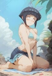 1girls ai_generated beach bikini blush civitai female hyuuga_hinata hyuuga_hinata(genin) kneeling naruto naruto_(classic) ribbon shy skirt small_breasts smile swimsuit tagme