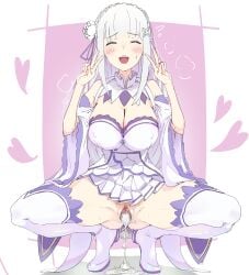 1girls after_vaginal ass bottomless cleavage cum cum_in_pussy elf elf_ears elf_female elf_girl emilia_(re:zero) half-dressed half_naked no_panties open_legs peace_sign pussy re:zero_kara_hajimeru_isekai_seikatsu silver_hair smiling_at_viewer solo solo_female solo_focus spread_legs squatting thighs