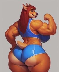 ai_generated anthro big_ass big_butt big_female booty_shorts bulge bulge_through_clothing female flexing_bicep furry_female furry_only futa_only futanari hyper large_ass large_breasts long_hair muscular muscular_female red_hair sportswear tail tight_clothing