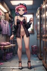 1girls ai_generated artist_name ass_visible_through_thighs babydoll bag bare_shoulders black_babydoll black_choker black_eyes black_footwear black_jacket blush bottomless bow breasts choker cleft_of_venus collar full_body goggles goggles_on_head grin hi_res high_heels indoors jacket jewelry lingerie long_sleeves looking_at_viewer makeup navel necktie no_panties off_shoulder open_clothes open_jacket parted_lips pink_hair plant potted_plant progenarts purple_hair pussy pussy_juice ramona_flowers scott_pilgrim scott_pilgrim_takes_off short_hair small_breasts smile solo standing uncensored underwear