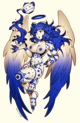 artist_name blue_eyes blue_hair breasts collarbone commentary cup feathered_wings female full-body_tattoo full_body highres messy_hair navel non-web_source nude open_mouth original oxcoxa saucer simple_background solo tattoo teacup teapot white_background wings