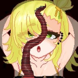 1boy 1girls arms_behind_head blonde_hair censored ear_piercing femsub green_eyes huge_cock imminent_oral katharsis maledom open_mouth pig pig_penis piper_wheel pixel_art short_hair zenless_zone_zero zoophilia