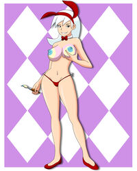 1girls blue_nipples bodypaint bowtie bunny_ears collar drew_saturday easter female_only grin holding_object mostly_nude paint paint_on_body panties pervyangel purple_background red_panties shoes solo solo_female tagme the_secret_saturdays topless white_background white_hair