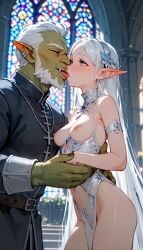 ai_generated blue_eyes church elf elf_ears elf_girl elf_princess french_kiss french_kissing happy husband husband_and_wife kissing kissing medium_breasts muscular muscular_male orc orc_male white_hair wife wife_and_husband