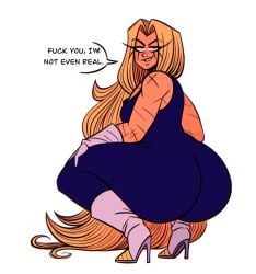 1boy bedroom_eyes big_ass big_butt blonde_hair dialogue dilf dragon_ball dragon_ball_z femboy femboy_dilf feminine_male gay grin heel_boots high_heels huge_ass jah_(artist) profanity really_long_hair scars solo speech_bubble squatting super_saiyan tan_skin thick_thighs vegeta