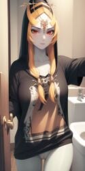 1girls ai_generated big_breasts black_bra breasts clothing female female_only happy long_hair midna nintendo pointy_chin public ruptuorie solo the_legend_of_zelda the_legend_of_zelda:_twilight_princess twili_midna twilight_princess