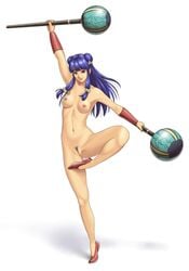 blue_hair breasts double_bun female female_only flats human irotsuya long_hair navel nipples nude pubic_hair pussy ranma_1/2 shampoo_(ranma_1/2) shoes small_breasts smile solo uncensored wristband