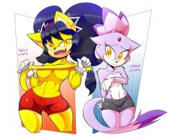 2girls blaze_the_cat female furry glovesrandom honey_the_cat sega shorts sonic_(series) topless_female