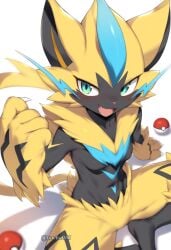 1pokemon :3d ai_generated black_fur blue_eyes blue_fur cute cute_face fang_out fur furry game_freak lowball01 navel pokémon_(species) pokeball pokemon pokemon_(species) tail yellow_fur zeraora