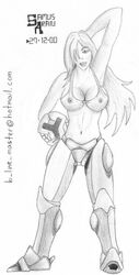 2000 armpits character_request email email_address female female_only helmet human large_breasts long_hair metroid monochrome nintendo pencil_(artwork) samus_aran solo topless traditional_media_(artwork)