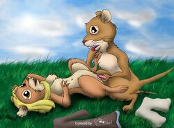 1boy 1girls anthro blonde_hair brown_fur cornflower_fieldmouse eyelashes female furry gilbhart male matthias medium_breasts mouse open_mouth outdoors outside pants_removed redwall tail whiskers