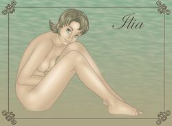 1girls blue_eyes breasts female ilia looking_at_viewer naked naked_female nintendo nipples nude nude_female smile solo straight_hair teenager text the_legend_of_zelda twilight_princess water