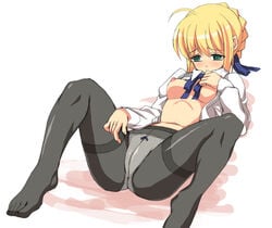 artoria_pendragon black_legwear blouse blush bottomless bow bow_panties date_(artist) fate/stay_night fate_(series) feet open_clothes open_shirt panties panties_under_pantyhose pantyhose sad shirt solo spread_legs type-moon underwear