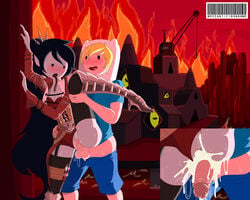 adventure_time background balls black_eyes black_hair blonde_hair blush boots breasts clothed_sex color costume cum cum_drip cum_in_pussy cum_inside detailed_background female finn_the_human fire hat high_heel_boots holding_leg knee_boots leg_up long_hair looking_at_another male marceline open_mouth panties panties_aside penis pointy_ears pussy sex steampunk thighhighs tongue tongue_out vaginal_penetration vampire whycantifindaname