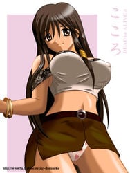 alternate_costume belt black_hair bracelet breasts cosplay crop_top dead_or_alive doraneko erect_nipples female female_only heart human jewelry kokoro_(doa) large_breasts long_hair midriff miniskirt panties print_panties silver_eyes skirt smile solo strawberry_panties strawberry_print underwear upskirt white_panties