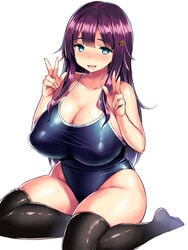 bare_shoulders blue_eyes blush breasts cleavage competition_school_swimsuit curvy double_v female hair_ornament hairclip highres huge_breasts long_hair looking_at_viewer one-piece_swimsuit open_mouth plump purple_hair shiny shiny_clothes sitting smile solo sweat swimsuit thick_thighs thighhighs thighs tsukumiya_amane v wide_hips