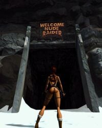 1girls 3d 90s artist_request backpack bag belt brown_hair casual detailed_background female female_focus female_only footwear hi_res highre holster human lara_croft lara_croft_(classic) legwear long_hair long_ponytail naked outdoors pale_skin ponytail snow solo solo_female solo_focus tactical_nudity tagme tomb_raider