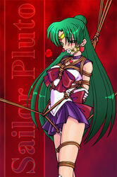 arms_behind arms_behind_back ball_gag bishoujo_senshi_sailor_moon blush bondage choker clothing collar crotch_rope crotch_rub earrings female female_only gag gagged gloves green_hair hair_bun jewelry long_hair magical_girl nonude panties predicament_bondage rope sailor_pluto saliva school_uniform seifuku serafuku setsuna_meiou shibari skirt small_breasts solo spark_utamaro straight_hair sweat tiara tied_up underwear