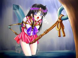 arms_behind_back bishoujo_senshi_sailor_moon black_hair blue_eyes blush bondage clothing color crotch_rope crotch_rub earrings female female_only front_view human indoors jewelry long_hair magical_girl nonude open_mouth peril predicament_bondage rei_hino rope rope_walking sailor_mars school_uniform seifuku serafuku skirt small_breasts solo spark_utamaro straight_hair sweat tiara tied_up torture water