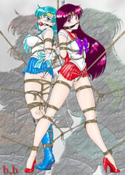 2girls ami_mizuno amiba00 arms_behind_back ball_gag bishoujo_senshi_sailor_moon blue_hair bondage boots bound_ankles bound_legs bound_wrists box_tie breast_bondage breasts cleave_gag crotch_rope female female_only gag gagged gloves high_heels human long_hair multiple_females multiple_subs purple_hair rei_hino rope sailor_mars sailor_mercury shoes short_hair straight_hair tiara tied_up