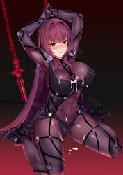 arms_up blush bodysuit boots breasts covered_navel cum cum_on_body cum_on_breasts cum_on_lower_body cum_on_upper_body erect_nipples facial fate/grand_order fate_(series) female gae_bolg jirusu large_breasts long_hair polearm purple_bodysuit purple_hair red_eyes scathach_(fate) sitting solo spear wariza weapon