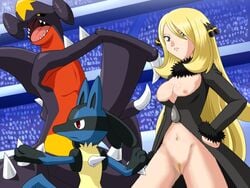 blue_eyes blue_fur breasts cynthia_(pokemon) female functionally_nude garchomp hair_over_eye human human_only lucario pink_nipples pokemoa pokemon pokemon_(species) pokemon_dppt red_eyes yellow_fur