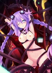 armpits arms_above_head bondage braided_hair braids edit embarrassed long_hair navel neptune_(neptunia) neptunia_(series) one_eye_closed one_eye_open purple_hair purple_heart_(neptunia) restrained small_breasts tagme tentacles tsunako wince