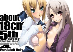 2girls artoria_pendragon blouse blush bra breasts fate/stay_night fate_(series) female female_only flat_chest green_eyes grin illyasviel_von_einzbern multiple_girls naked nilitsu nipples red_eyes smile text type-moon