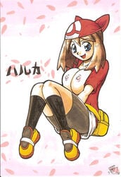 alternate_breast_size bag bandana bike_shorts blue_eyes blush breasts breasts_out brown_hair female female_only gougeru huge_breasts human human_only may_(pokemon) nipples pink_background pokemon pokemon_rse red_bandana shoes sketch skirt smile socks solo straight_hair text