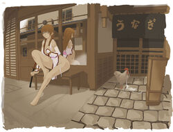 1girls barefoot bench bird breasts brown_eyes brown_hair chicken dead_or_alive female female_only gauntlets hips human human_only kasumi_(doa) mirror no_bra no_panties reflection sideboob sitting solo underboob untied weapon