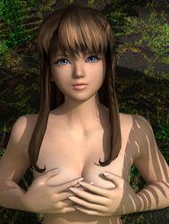 3d blue_eyes breast_grab breasts brown_hair cleavage dead_or_alive female female_only hitomi_(doa) human large_breasts nail_polish nude polygon solo tecmo topless