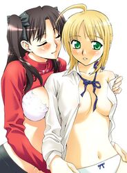 2girls artoria_pendragon blonde_hair blouse blush bow bow_panties bra breasts closed_eyes fate/stay_night fate_(series) female female_only green_eyes lingerie long_sleeves multiple_girls nipple_slip nipples no_bra open_clothes open_shirt panties ribbon shirt shirt_lift standing tohsaka_rin turtleneck type-moon unagimaru underwear undressing white_bra white_panties yuri