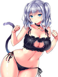 ass_visible_through_thighs bell bell_choker black_bra black_panties blush bra breasts cat_cutout cat_ear_panties cat_lingerie cat_tail choker cleavage cleavage_cutout female highres jingle_bell kantai_collection kashima_(kantai_collection) large_breasts long_hair navel panties paw_pose pointy_chin side-tie_panties simple_background smile solo tail tied_hair tsukumiya_amane twintails underwear underwear_only white_background