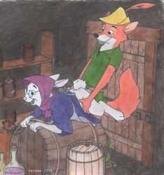 1boy 1girls 2004 anthro barrel canine clothes color dated dipstick_ears disney eyewear female fox fur furry furry_only glasses hat hood indoors interspecies lagomorph male mostly_clothed mother_rabbit orange_fur rabbit rebane robin_hood_(character) robin_hood_(disney) sex smile straight tail tunic white_fur