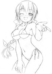 bikini braid dead_or_alive female female_only haga_yui human human_only kasumi_(doa) medium_breasts monochrome single_braid sketch solo swimsuit wink