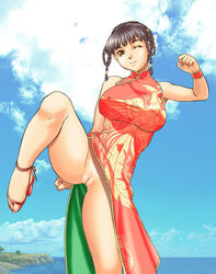 breasts china_dress chinadress chinese_clothes clothes dead_or_alive dead_or_alive_xtreme_beach_volleyball female female_only high_heels high_kick huge_breasts human iruma_kamiri jpeg_artifacts kick kicking lei_fang nail_polish no_panties photoshop pussy sandals shoes solo spread_legs thighs uncensored upskirt