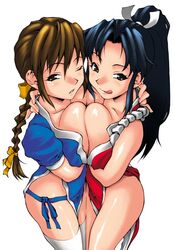 2girls :p black_hair blush braid breast_press breasts brown_hair crossover dead_or_alive fatal_fury female hug human human_only kasumi_(doa) king_of_fighters large_breasts licking loincloth long_hair mai_shiranui multiple_girls nishimo ponytail single_braid snk symmetrical_docking thighhighs thighs tied_hair tongue wink yuri