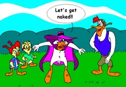 1girls 3boys anthro avian clothing darkwing_duck darkwing_duck_(character) disney duck female first_porn_of_franchise glasses gosalyn_mallard green_eyes group honker_muddlefoot launchpad_mcquack male mouseboy nude outdoors outside penis red_hair