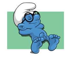 1boy blue_skin brainy_smurf cap closed_eyes ekuhvielle erection glasses green_background hands_behind_head male nude sleeping small_penis tagme the_smurfs uncut