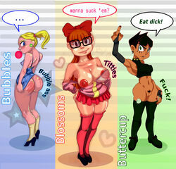 3girls areola ass blonde_hair blossom_(powerpuff_girls) blue_eyes breasts bubbles_(powerpuff_girls) buttercup_(powerpuff_girls) cartoon_network erect_nipples female glasses high_heels mrjeckil multiple_girls nipples powerpuff_girls pussy thighhighs