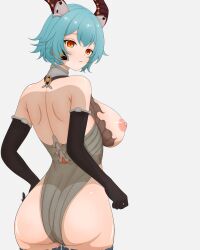 blue_hair bodysuit bracelet collar dragon_girl dragon_horns duel_masters exposed_breasts expressionless gijinka large_ass large_breasts legwear long_gloves orange_eyes robot_girl short_hair vol-val-8,_forbidden_dragon_king