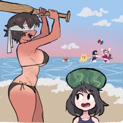 azumanga_daiou beach blindfold breasts female japversus kagura_(azumanga_daiou) swimsuit tagme tanline