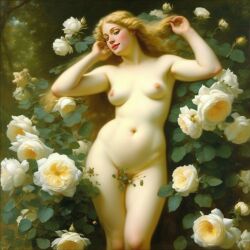 ai_generated belly blonde_hair blue_eyes breasts curly_hair curvy female flower flowers lips long_hair medium_breasts navel nipples nude presenting realistic rose_(flower) smile solo white_rose william_bouguereau