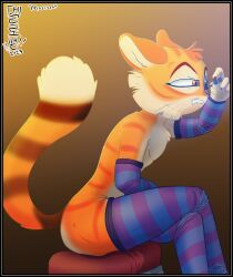 1boy anthro ass beige_fur biting_lip butt chest_tuft claws concentration ears_back eyelashes eyeliner feline femboy feminine_male freckle_mcmurray furry gay girly lackadaisy makeup male male_only orange_fur putting_on_makeup siriusandpyri sitting sleeves tail thighhighs