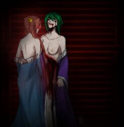 2girls akari_oborodzuka alternate_hair_color alternate_hairstyle bare_shoulders blood blood_from_eyes blood_from_mouth blue_kimono breasts collarbone death deviantart_link disembowelment empty_eyes female_death green_eyes green_hair gumi guro hair_bell hair_ornament hatsune_miku horror_(theme) injury japanese_clothes kimono long_hair looking_at_another mandykurosaki masa_works_design multiple_girls mv_character nipples off_shoulder official_alternate_hair_color official_alternate_hairstyle oni_to_kitsune_no_hanashi onigumo_to_kitsune_no_shishi_to_(vocaloid) open_clothes open_kimono open_mouth purple_kimono red_hair ryou_shishikusa short_hair smile twintails vocaloid yuri