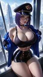 abs ai_generated big_ass breasts cleavage_cutout dc dc_comics fake_breasts gloves hat huge_breasts large_breasts military_hat miniskirt muscles raven_(dc) sitting sky4maleja spiked_collar tank_top_lift teen_titans toned toned_stomach