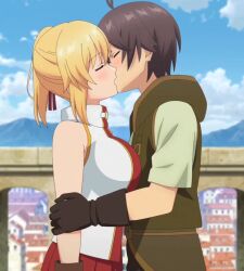 1boy 1girls arm_grab big_breasts blonde_hair blush breast_press breasts brown_hair busty closed_eyes couple emma_brightness female gloves highres kissing large_breasts male medium_hair noir_stardia romance screencap short_hair side_ponytail skirt sleeveless stitched the_hidden_dungeon_only_i_can_enter third-party_edit wholesome